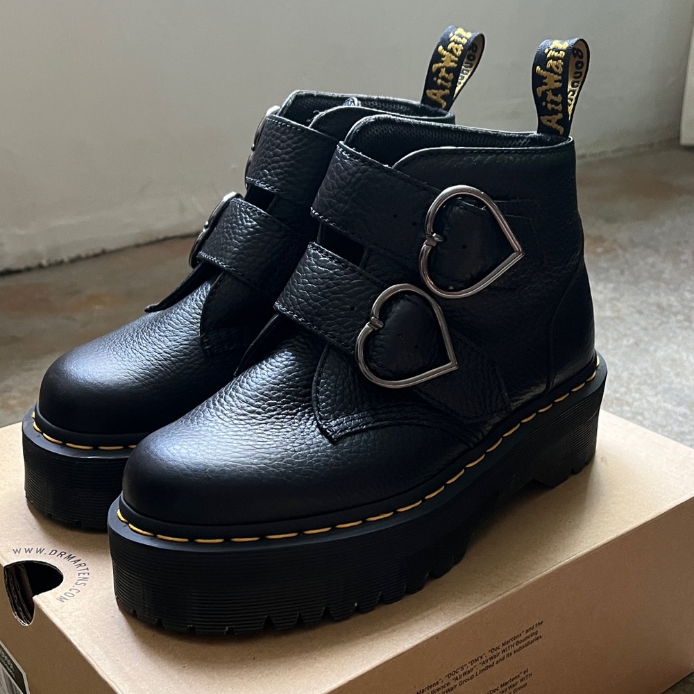Dr. Martens Devon Heart Black Platform Boots with Heart Buckles US 6W